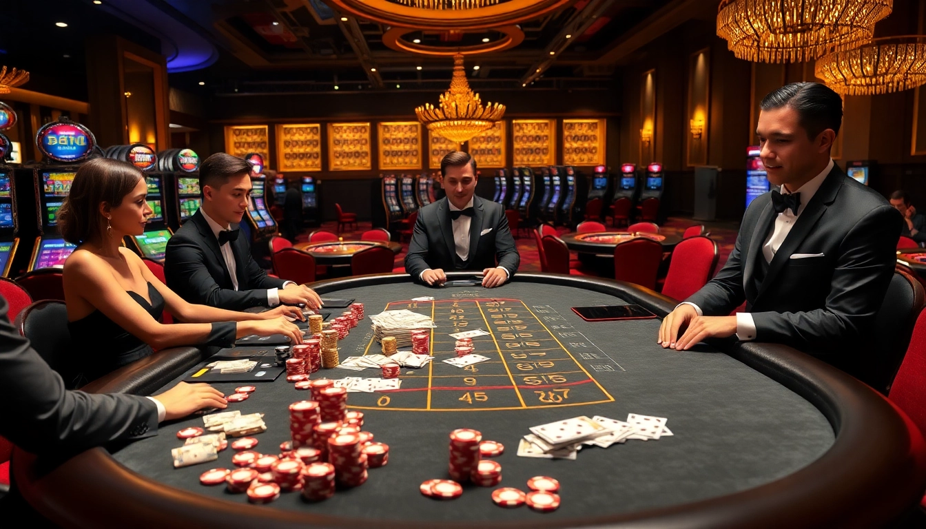 Scène de jeu passionnante mettant en avant meilleure casino en ligne avec des joueurs à une table de blackjack et des machines à sous vibrantes.