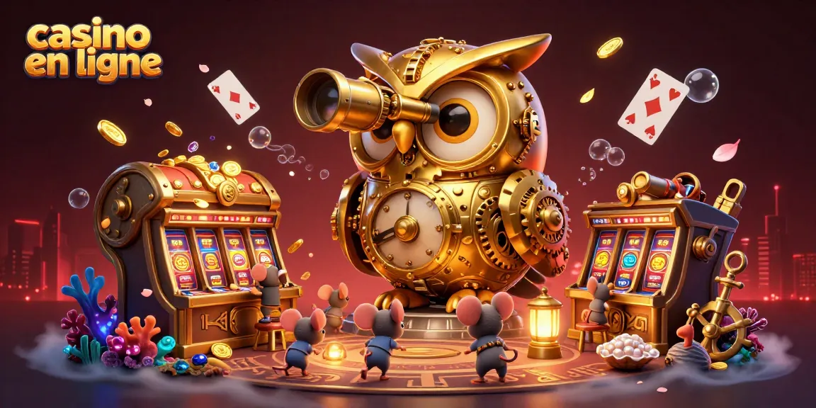 Casino en ligne : Illustration d'une chouette dorée dans un casino vibrant, explorant les machines à sous.