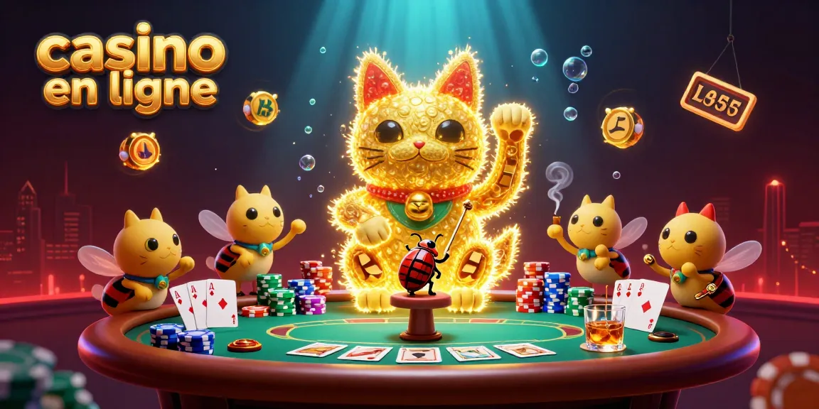 Illustration d'un casino en ligne avec un chat porte-bonheur en feuillées dorées et des jetons de poker colorés.