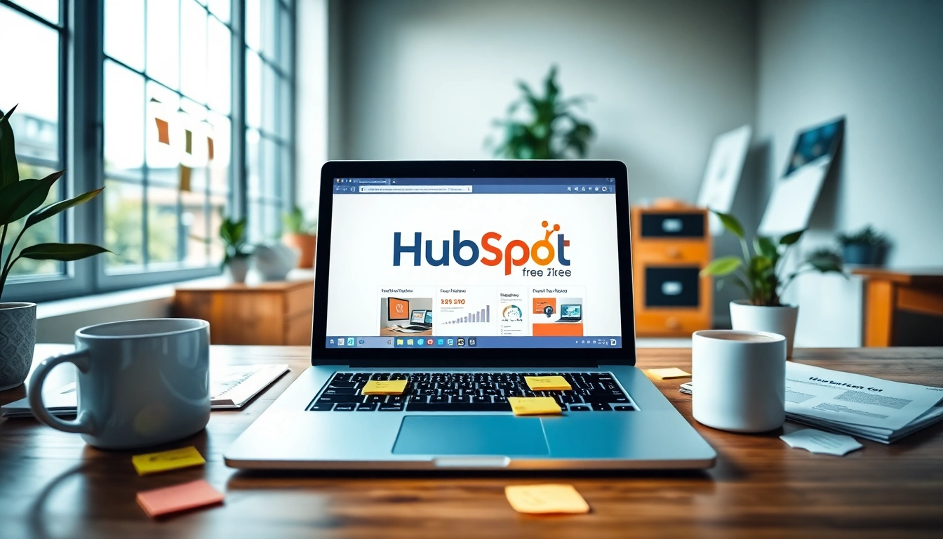 Showcasing a laptop with HubSpot free interface in a bright workspace, emphasizing productivity.