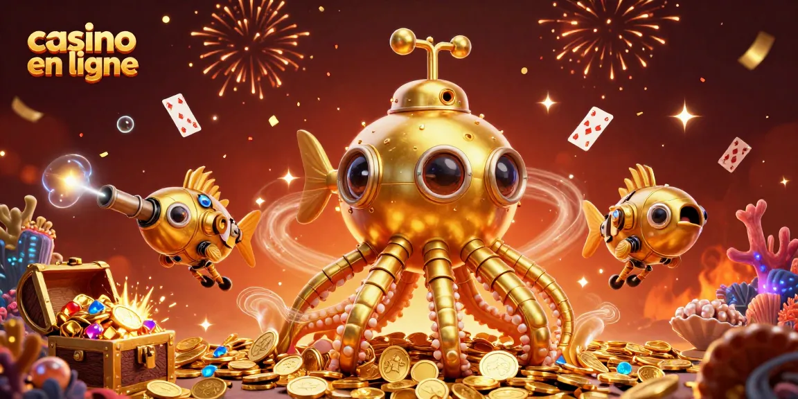Explorez l'univers du casino en ligne avec un kraken doré et des poissons mécaniques entourés de trésors marins.
