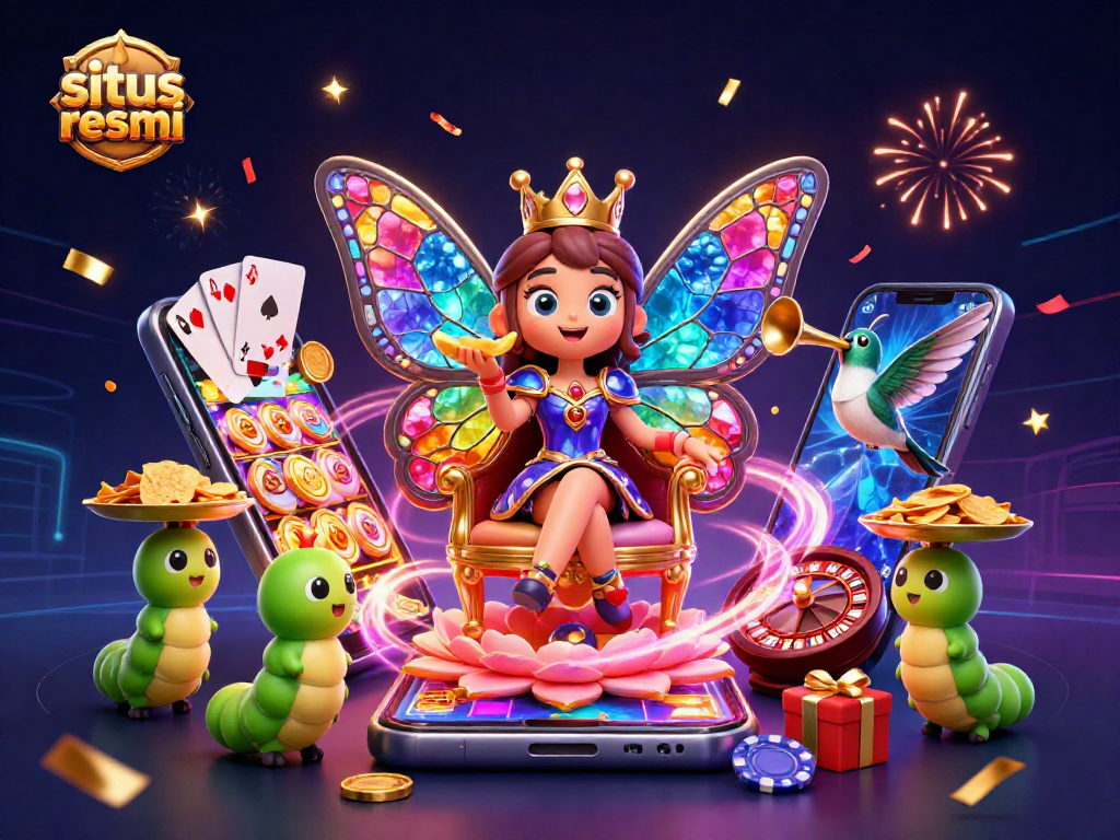 Experience dynamic excitement at situs resmi with this festive gambling-themed illustration featuring a butterfly queen.