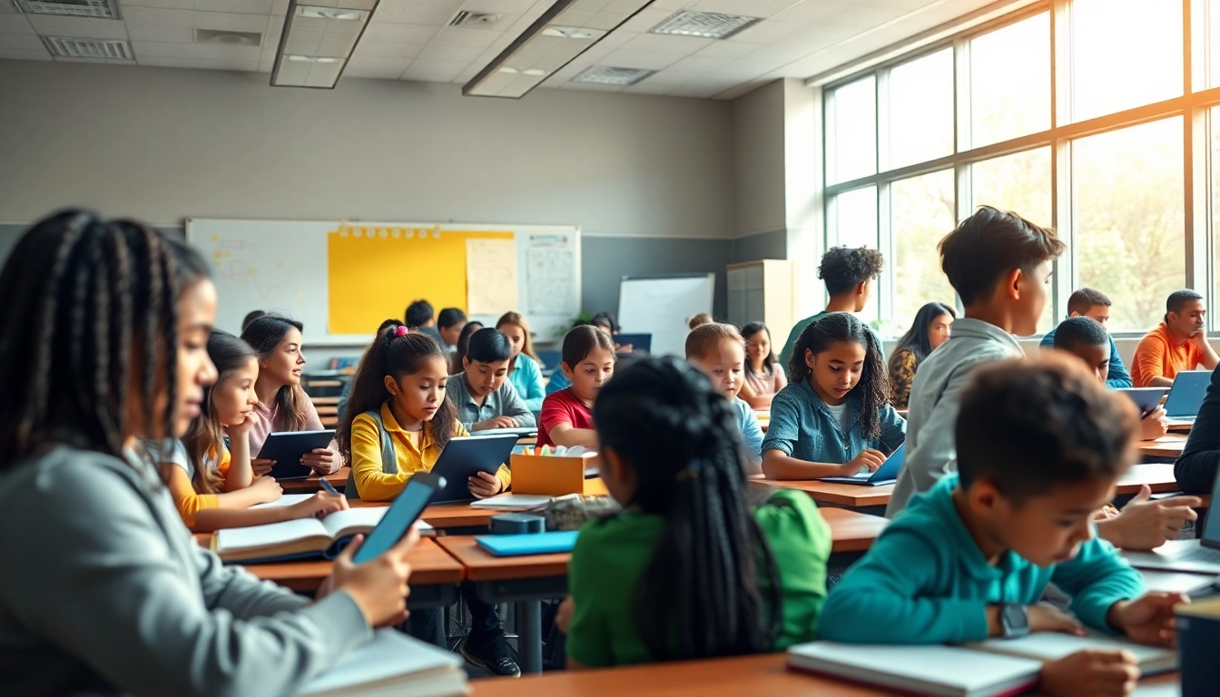 Education-focused classroom scene showcasing diverse students engaged in innovative learning.