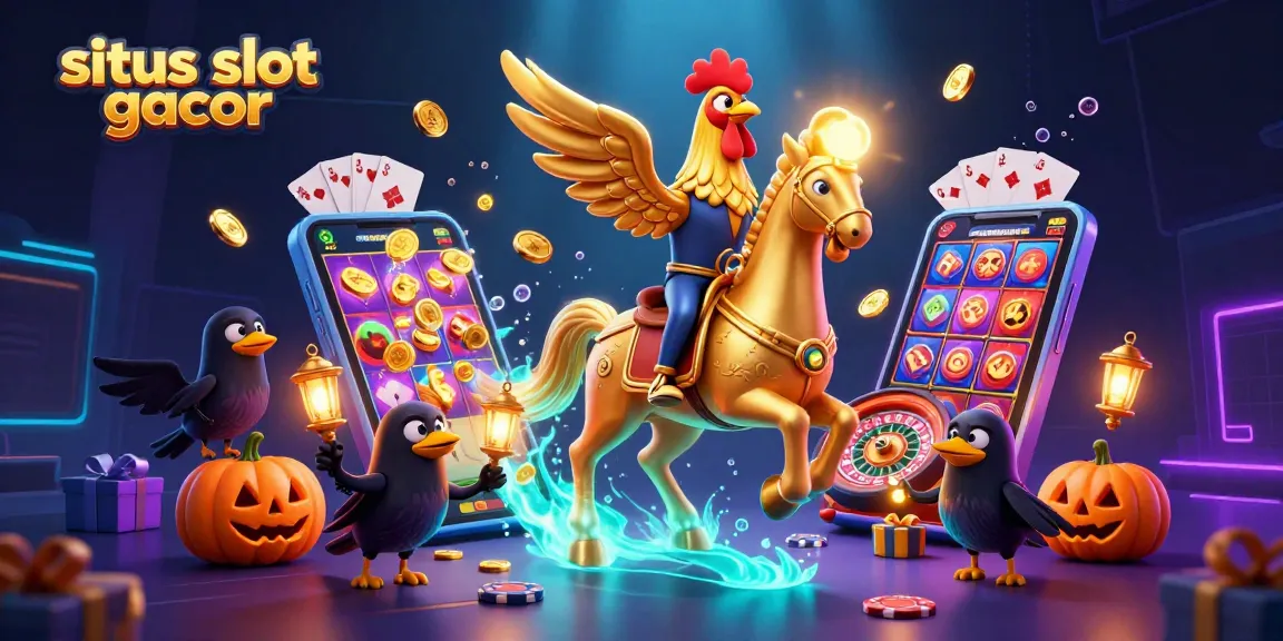 Play exciting games at situs slot gacor with a golden rooster in a vibrant casino scene.