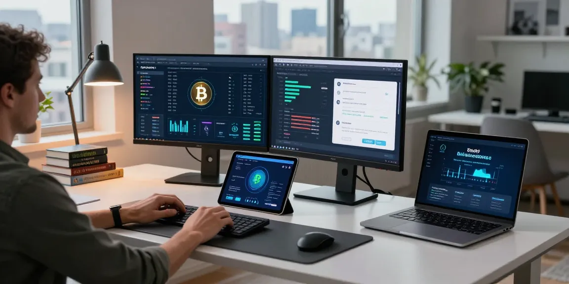 Mining bitcoin online with advanced blockchain analysis and secure crypto wallet interfaces in a professional home office.