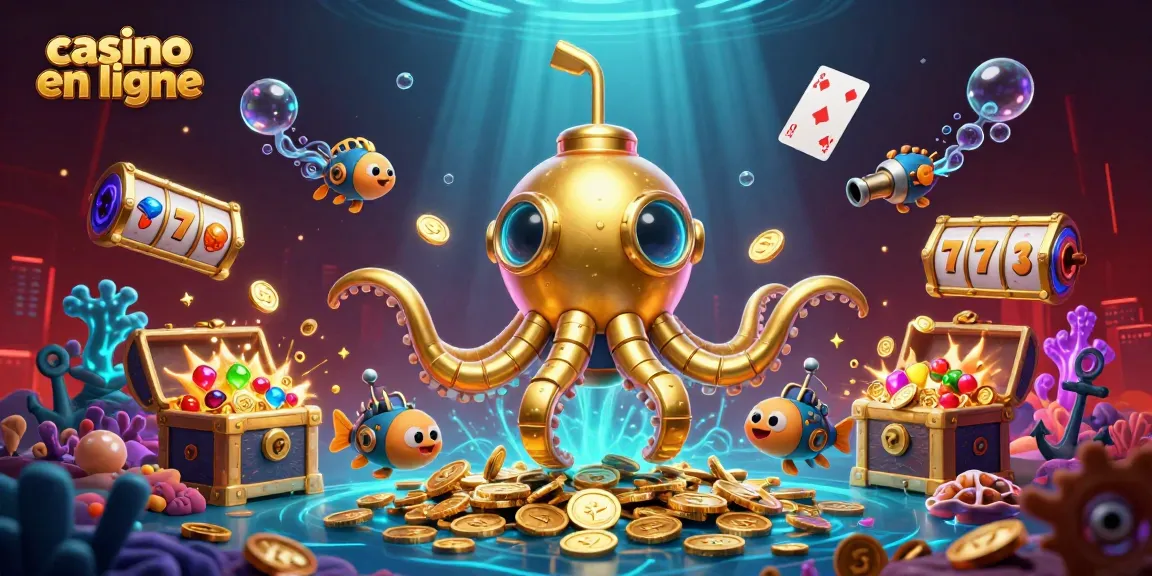 Illustration dynamique de casino en ligne avec kraken doré et machines à sous scintillantes.