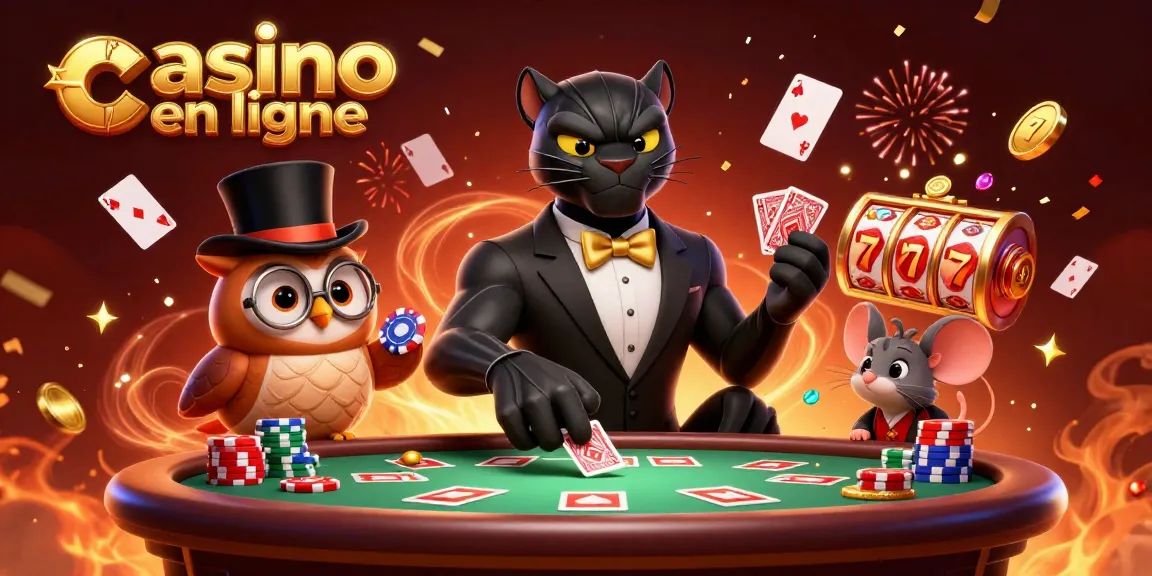 Jouer au casino en ligne avec une illustration d'une panthère, hibou et souris animés et des éléments de jackpot.