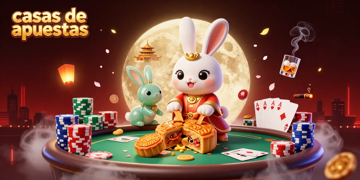 Saborea la emoción de las casas de apuestas con un conejito de luna y fichas de póker en esta ilustración 3D.