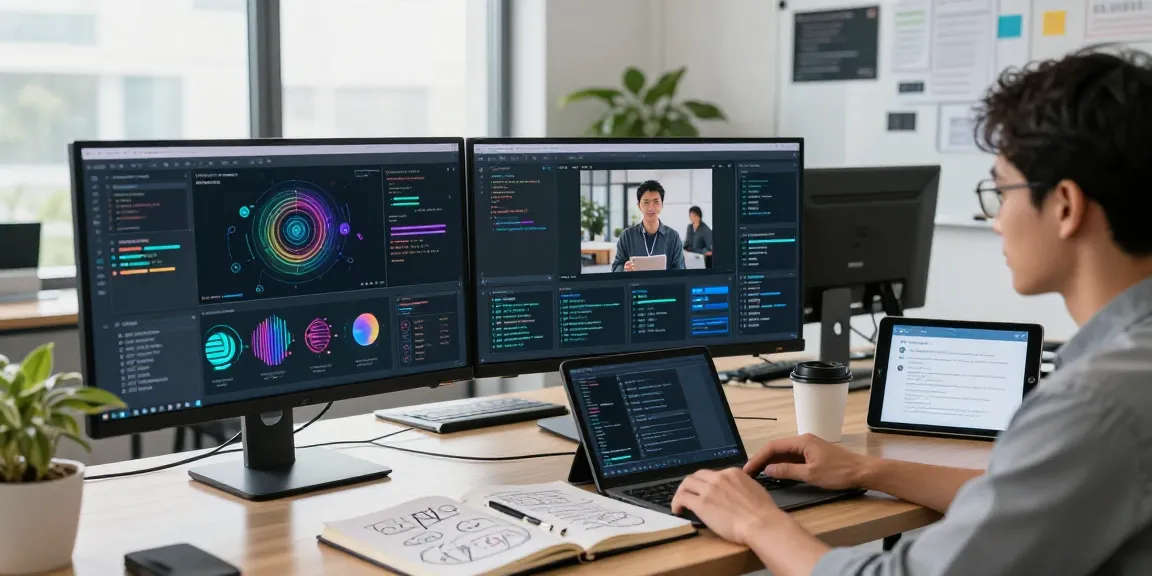 AI image detector analyzing images in a modern office setup with screens displaying detection algorithms