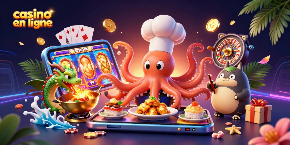 Une illustration d'un casino en ligne avec un chef sushi octopus, un dragon et un tanuki, engageant dans le jeu.