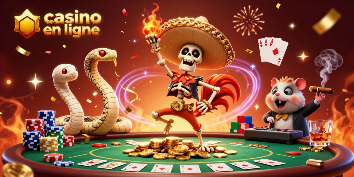 Illustration dynamique représentant des personnages dans un casino en ligne avec des jetons et des cartes.
