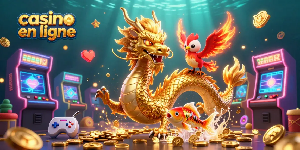 Jouer à casino en ligne avec un dragon, un phénix et un koi sous une pluie de pièces.