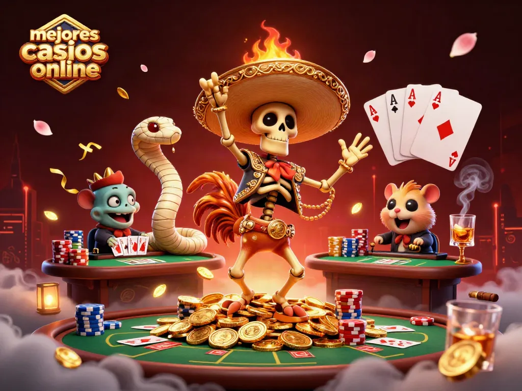 Los mejores casinos online presentan un esqueleto de mariachi en celebración rodeado de fichas y cartas.