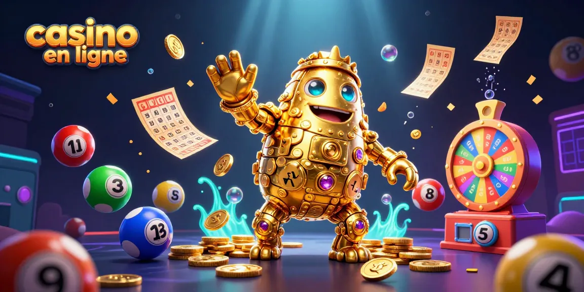 Jouer au casino en ligne avec un golem d'or entouré de boulettes de loterie colorées.