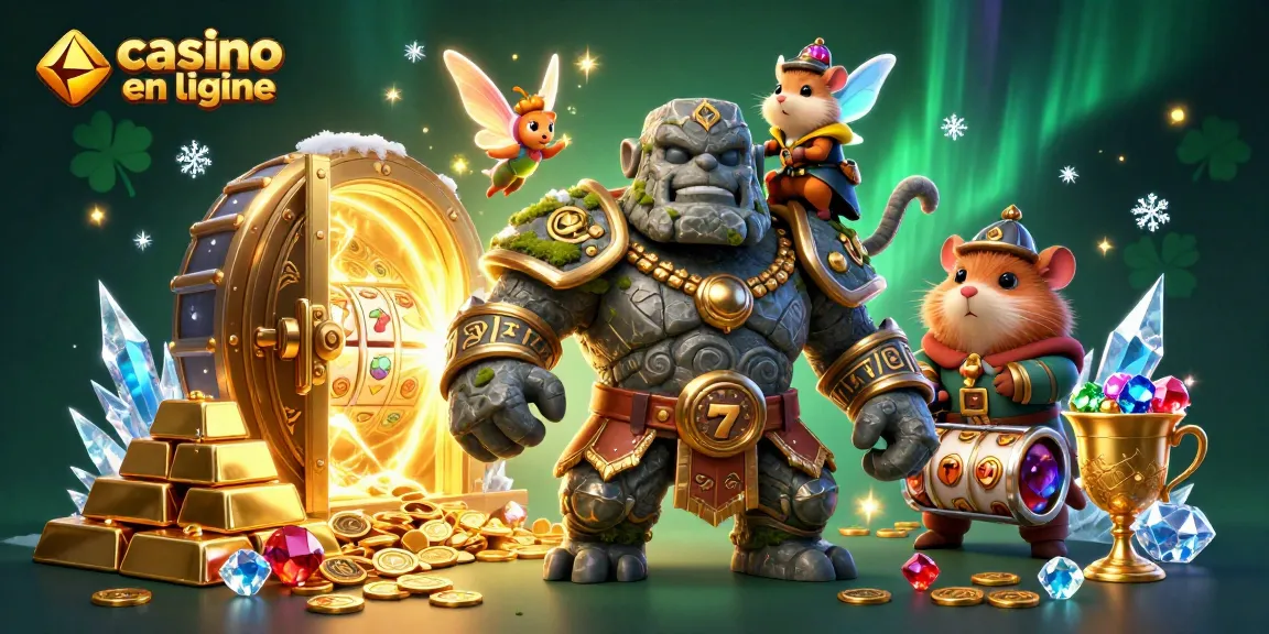Illustration d'un golem de pierre magique et un hamster chevalier, mettant en avant le casino en ligne.