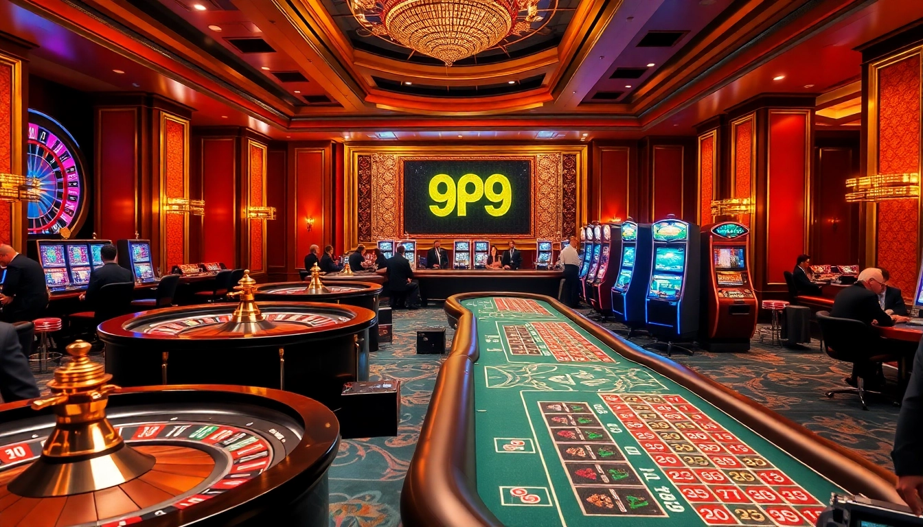 An engaging casino scene featuring gaming tables and a roulette wheel with PS 99 branding.