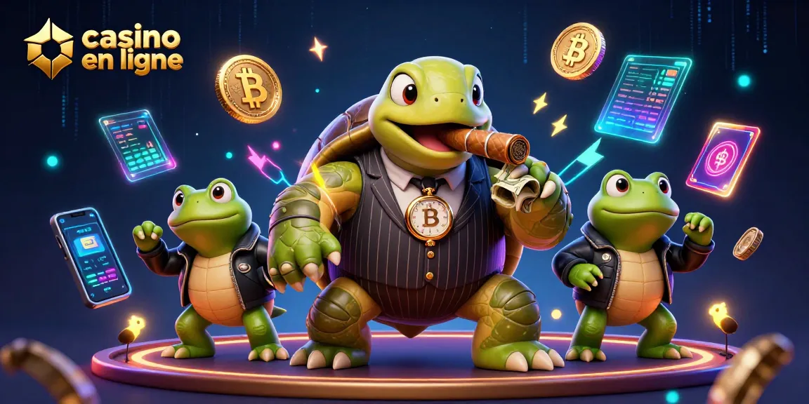 Jouer dans un casino en ligne avec une tortue géante et des grenouilles, ambiance lumineuse dynamique.