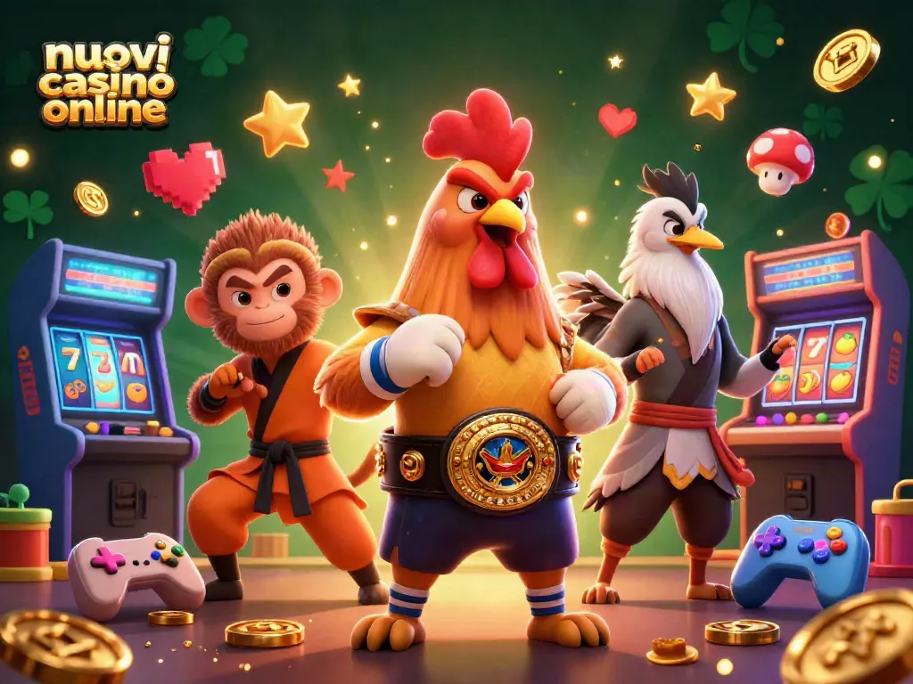 Azione nei nuovi casinò online con un gallo e un maestro, giochi arcade e simboli di successo.