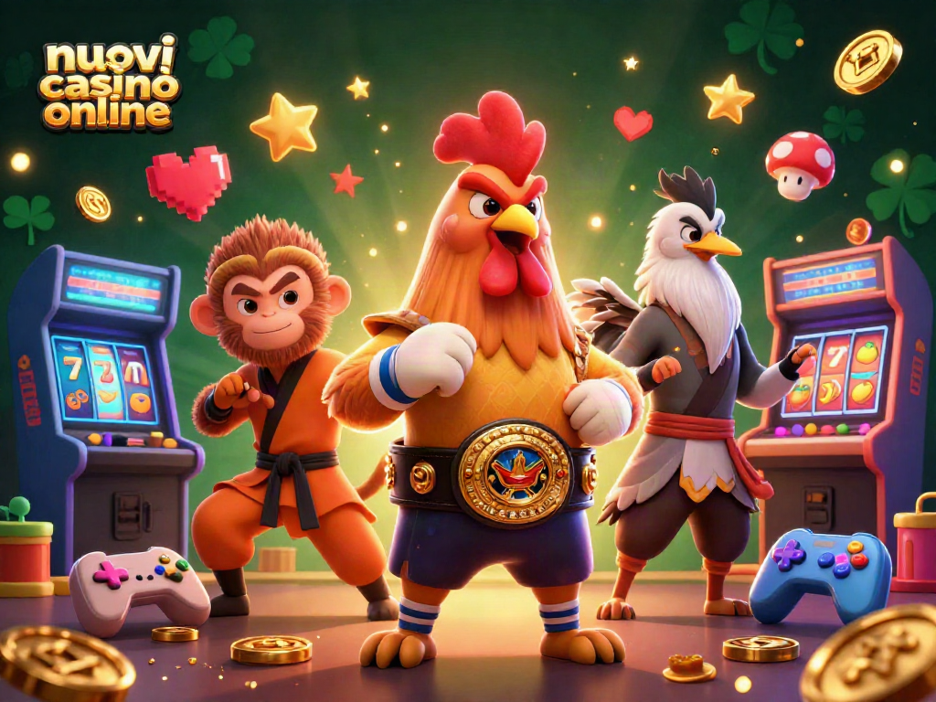 Azione nei nuovi casinò online con un gallo e un maestro, giochi arcade e simboli di successo.