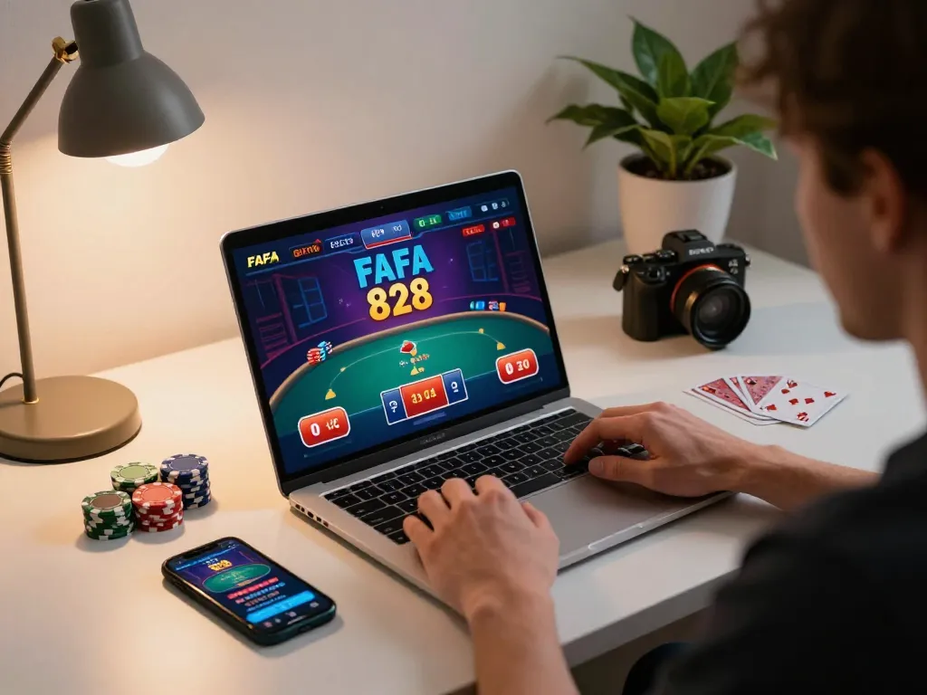 Engaging in a FAFA 828 online poker game on a laptop at a cozy home desk.