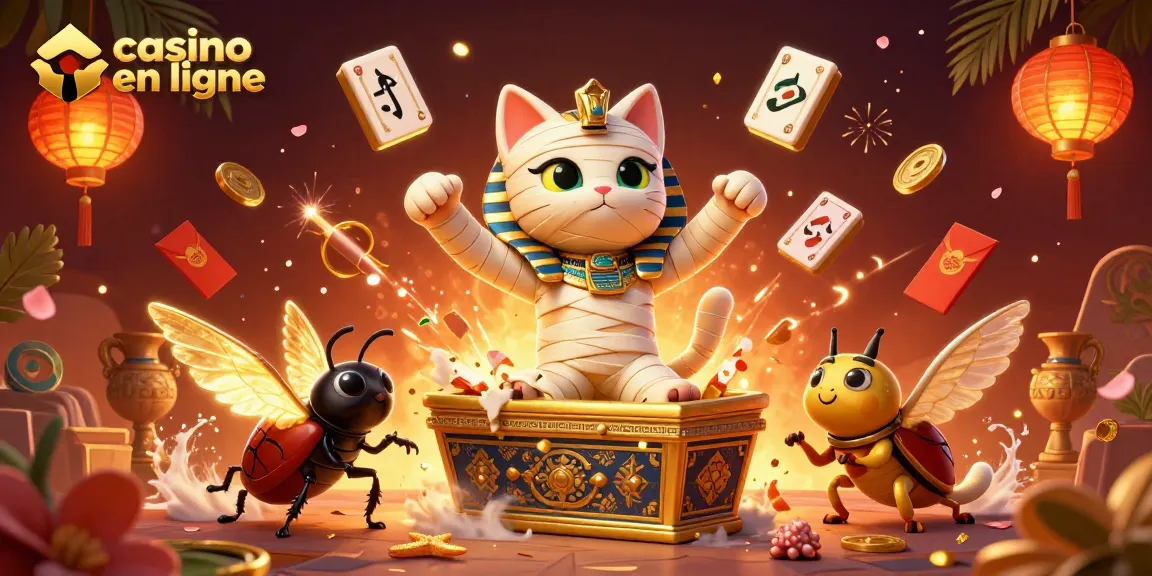 Jouer à un casino en ligne avec un chat momie égyptien et des cartes flottantes.