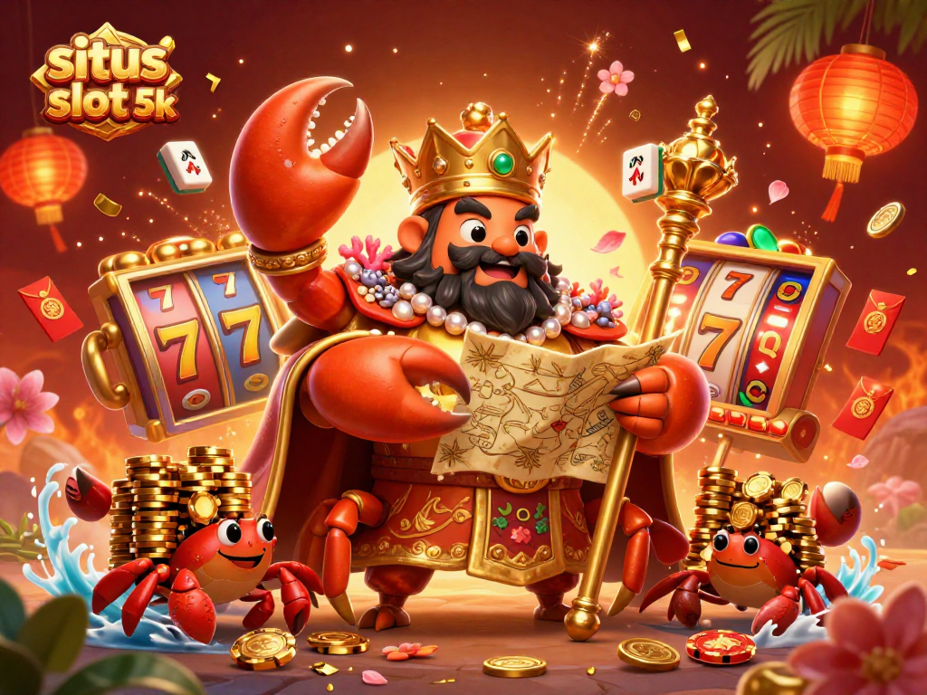 Win big with situs slot 5k featuring vibrant slot reels and a golden crab emperor with treasures.