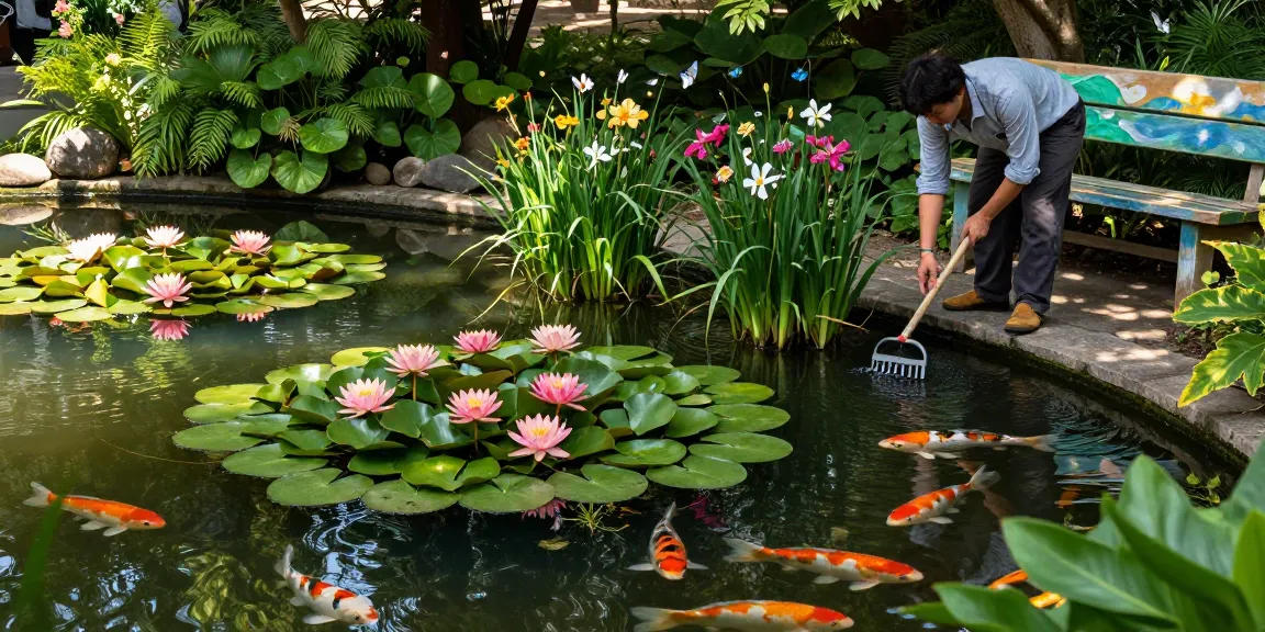 Water Lilies floating on a serene pond being tended by a gardener in a lush garden.