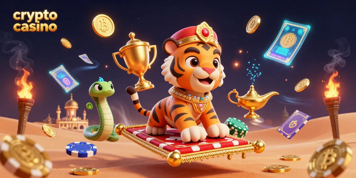 Jouer au crypto casino avec des personnages animés sur un tapis volant d'éléments de poker.