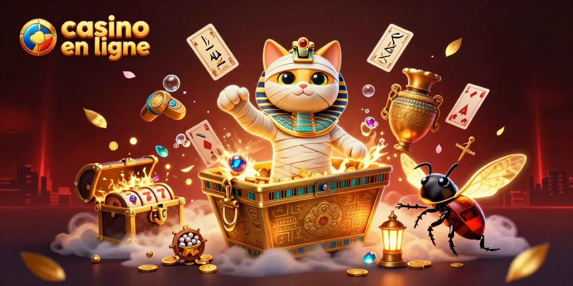 Image représentant un chat momie égyptien dans une scène de casino en ligne avec des éléments de jeu et des effets lumineux.
