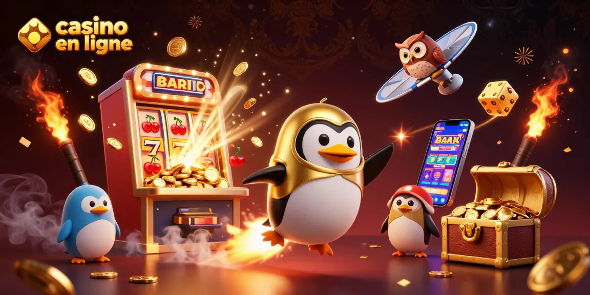 Jouez dans un casino en ligne avec un pingouin doré et une machine à sous explosant de pièces.
