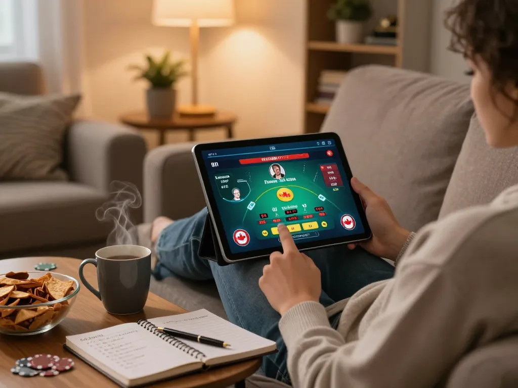 Engaging with online casinos in Canada reddit while strategizing at home, showing gameplay on tablet.