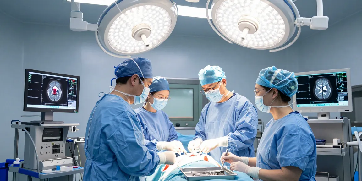 Preparation scene for beyin tümörü ameliyatı in a sterile operating room with a neurosurgeon and medical team.