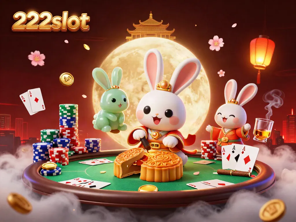 Gambarlah 222slot dengan kelinci bulan dan chip poker yang menarik di lanskap bulan.