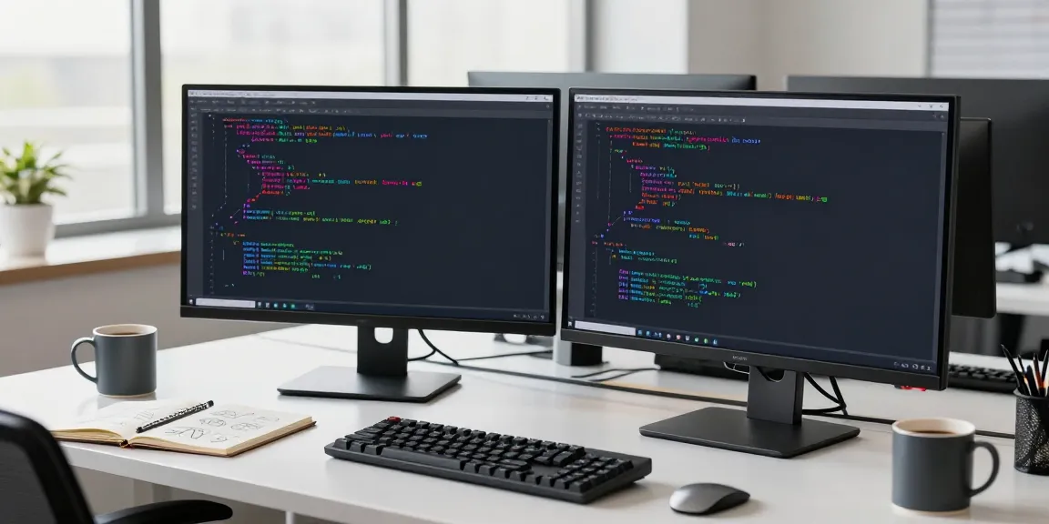 Developer using Notepad++ on dual monitors for coding at https://notepad-app.co/ in a modern workspace.