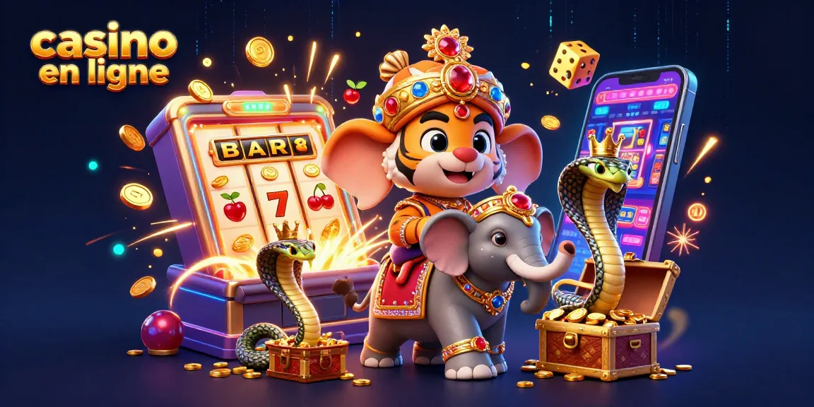 Découvrez l'excitation du casino en ligne avec un tigre maharaja, un éléphant et des éléments de jeu luxueux.