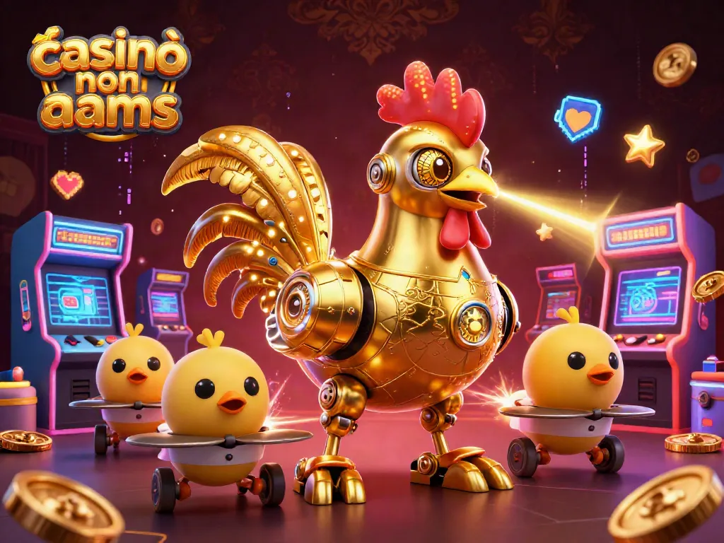Casinò non aams con un robot gallo dorato e droni di pulcini in un ambiente di gioco luminoso e dinamico.