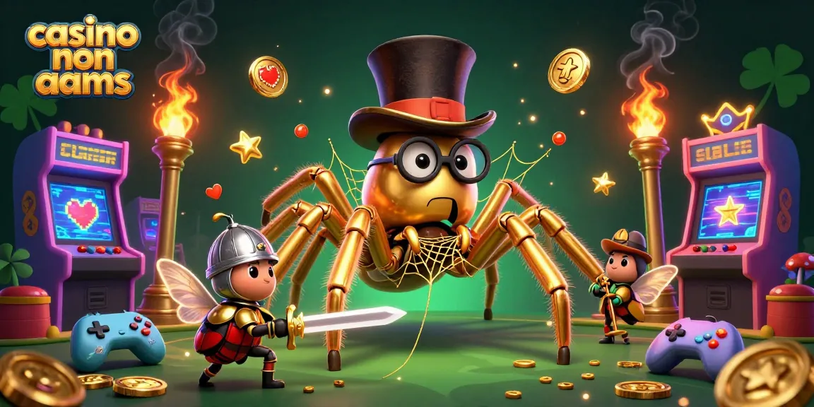 Scopri i giochi emozionanti nei casino non AAMS con questa illustrazione colorata di un ragno dorato e un cavaliere.
