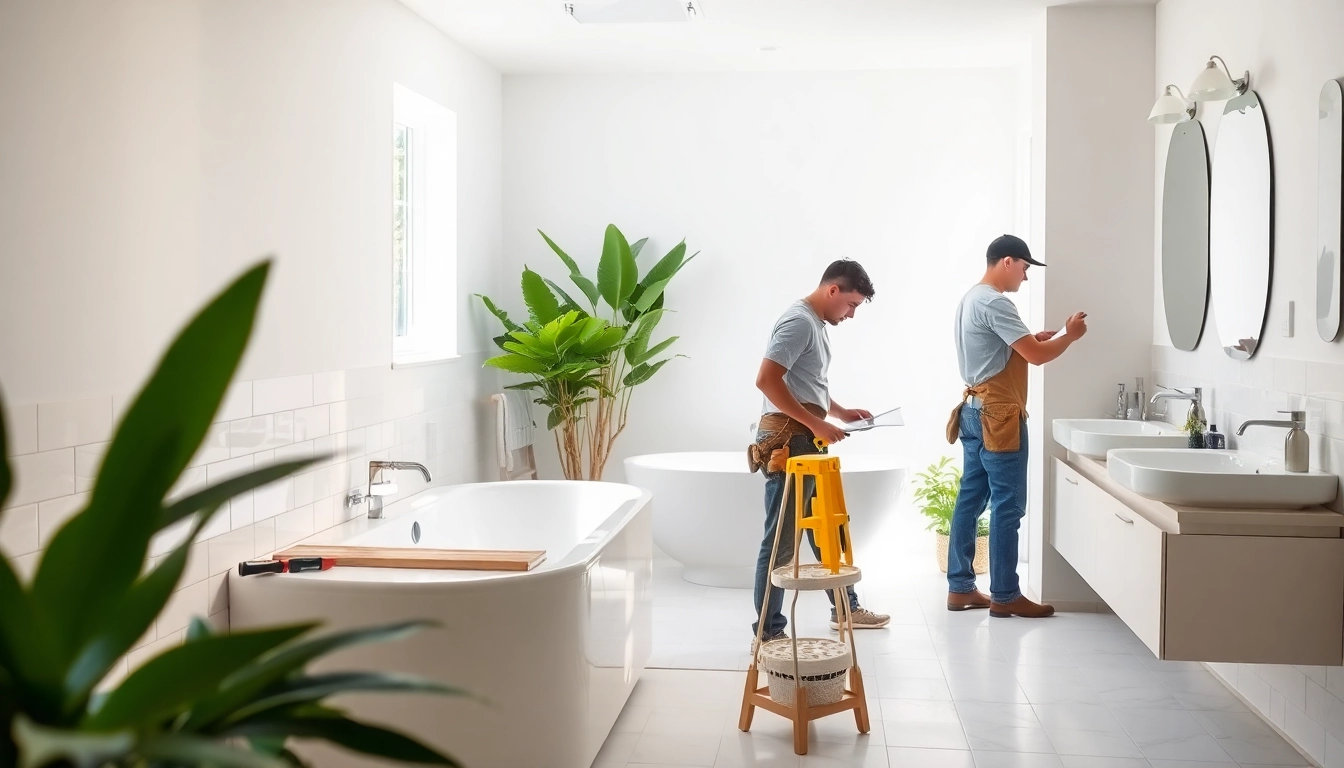 Bathroom renovation contractors near me working on a stylish bathroom upgrade.