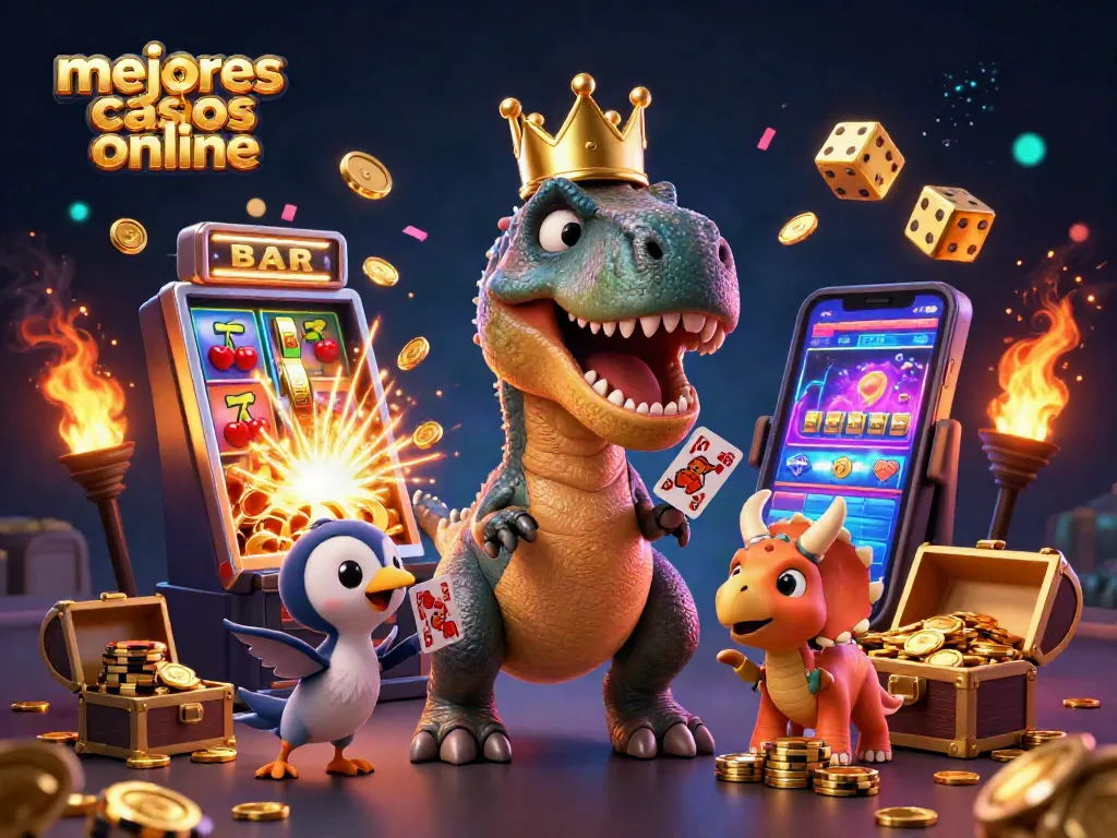 Disfruta de los mejores casinos online con una divertida ilustración de dinosaurios jugando al casino.