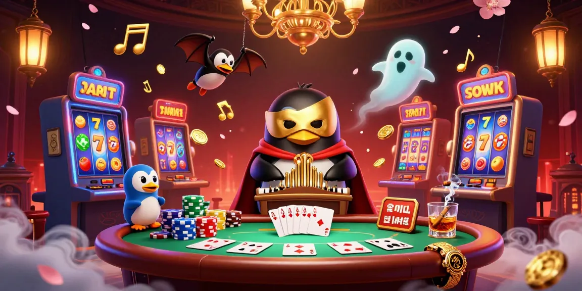 Visualisez un casino en ligne animé avec un pingouin mystérieux jouant de l'orgue et des machines à sous éclatantes.