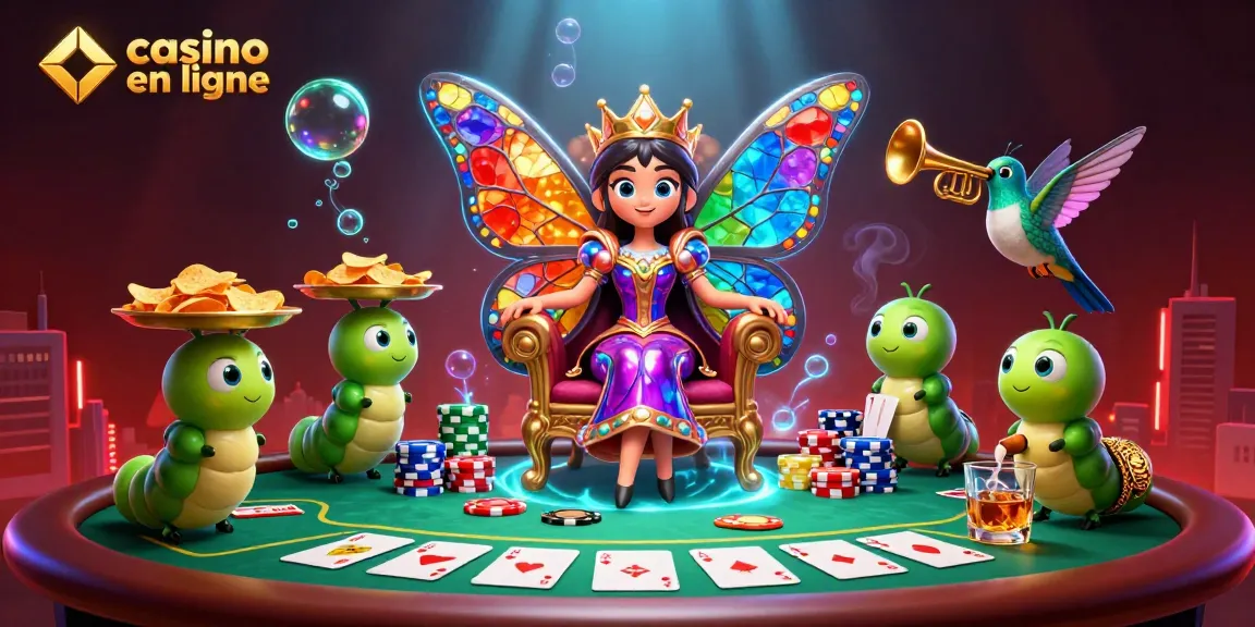 Découvrez un monde fascinant de jeux avec casino en ligne, mettant en scène une reine papillon et des jetons de poker.