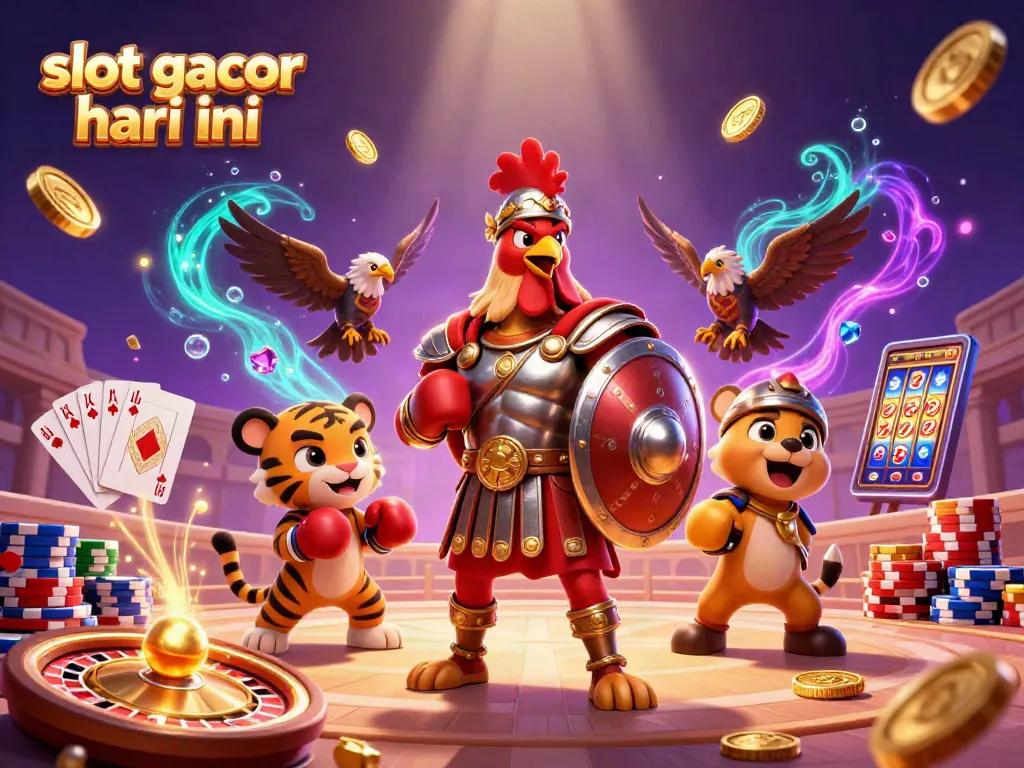 Experience slot gacor hari ini alongside action-packed 3D characters in a vibrant casino scene.