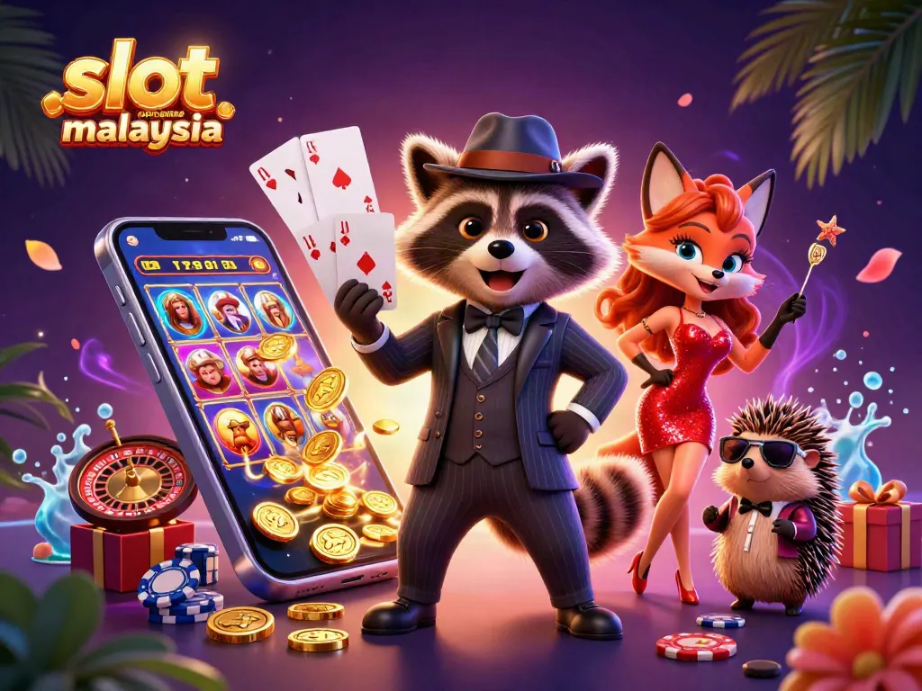 Experience vibrant slot casino online Malaysia with a raccoon, fox, and hedgehog amidst spinning reels and golden coins.