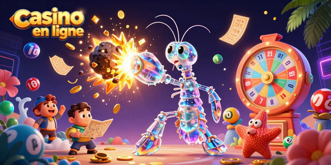 Illustration dynamique de casino en ligne avec un samouraï mante et des éléments de jeu colorés