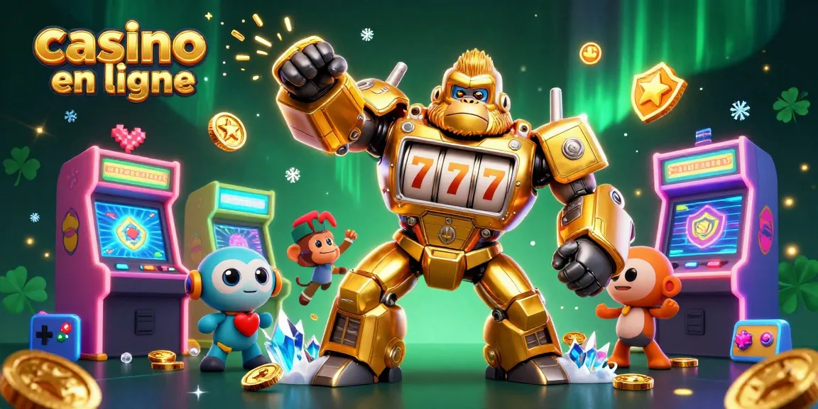 Découvrez un personnage de casino en ligne dynamique avec des machines à sous et des éléments de jeu colorés.