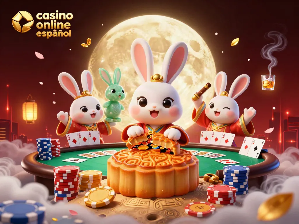 Jugando al póker en un casino online español, el conejo de la luna interactúa con fichas doradas.