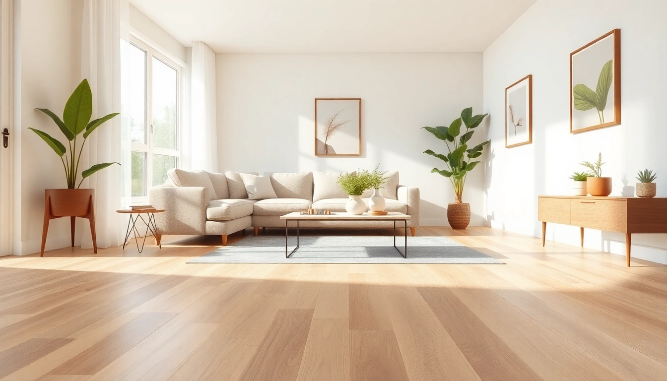 Showcase of luxury vinyl flooring in a modern living room setting, highlighting texture and design.