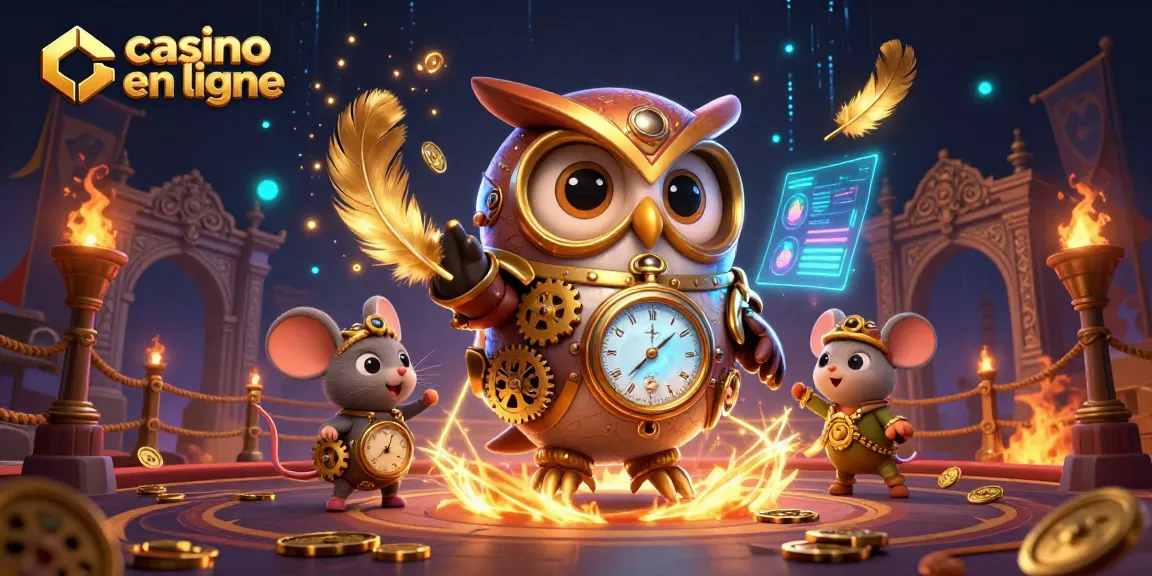 Jouer au casino en ligne avec une illustration dynamique d'un hibou et une souris dans un casino steampunk.