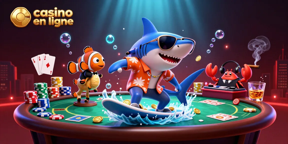 Illustration de l'univers des jeux de casino en ligne avec un requin marteau, un poisson clown, et un crabe DJ.