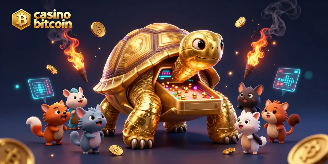 Scopri il divertimento nei casino con bitcoin, un'enorme tartaruga d'oro gioca con monete e giochi vibranti.